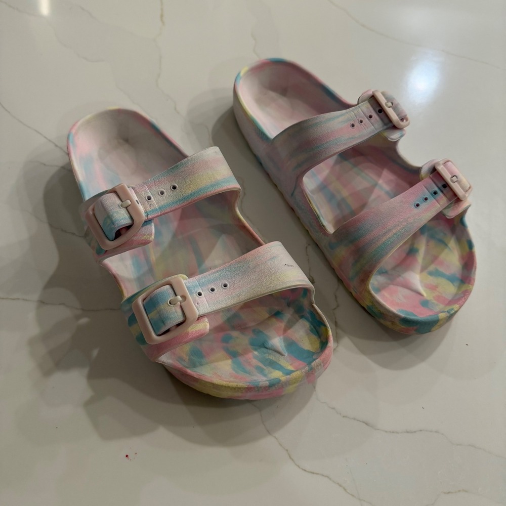 Pastel Tie Dye Double Strap EVA Slide Sandals Multicolor Buckle Beach Shoes